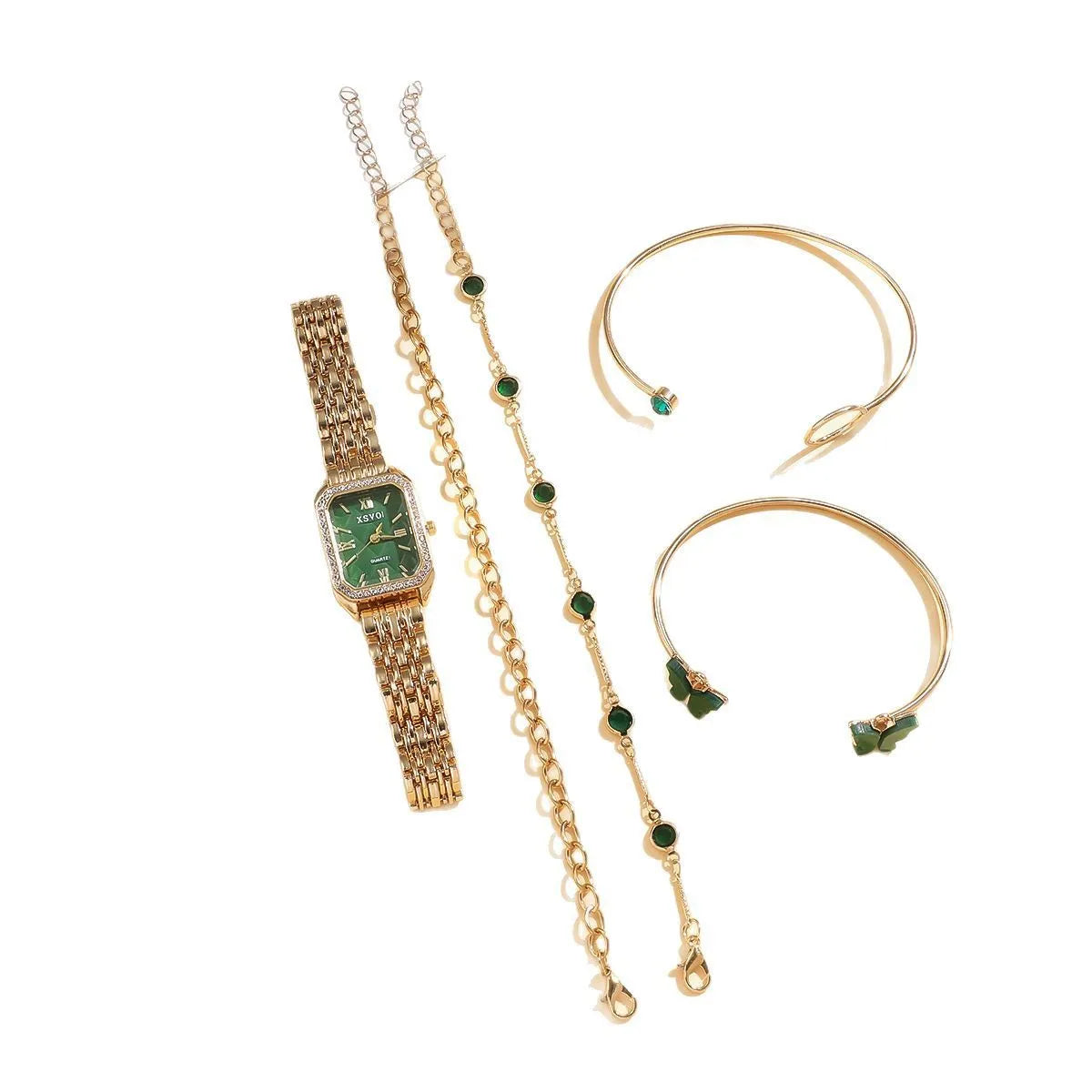 Gold green square steel watch with four matching alloy bracelets laid out as a complete gift set
