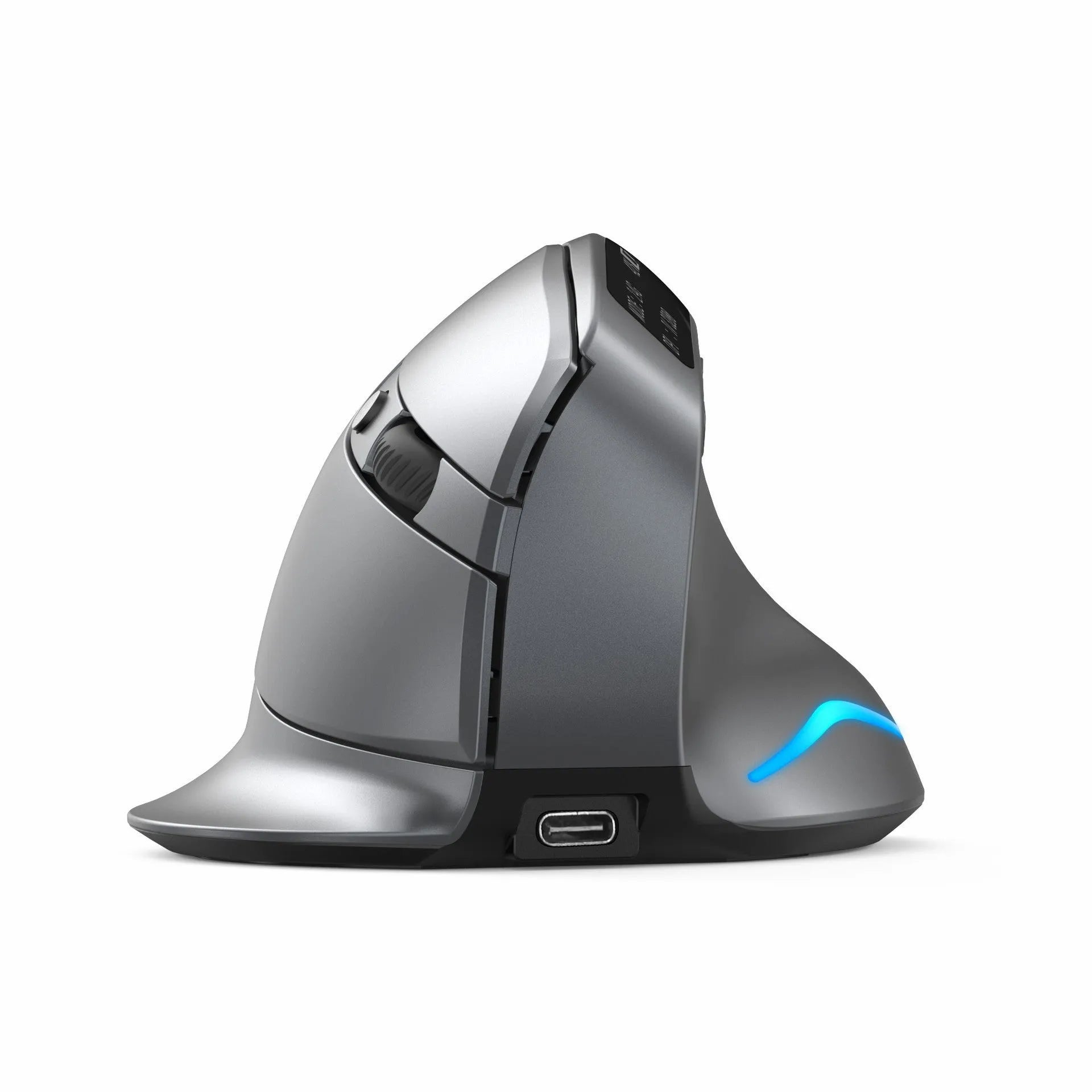 Grey vertical ergonomic wireless mouse with Bluetooth connectivity for laptop use