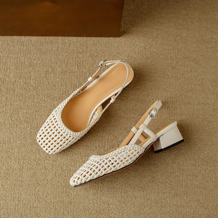 Women's woven hollow-out sandals with square toe, buckle strap, and 4cm chunky heel in black or beige