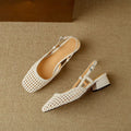 Women's woven hollow-out sandals with square toe, buckle strap, and 4cm chunky heel in black or beige