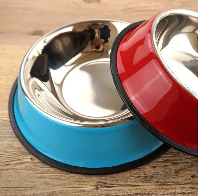Stainless steel pet bowl with colourful melamine exterior and non-slip rubber base in multiple colour options