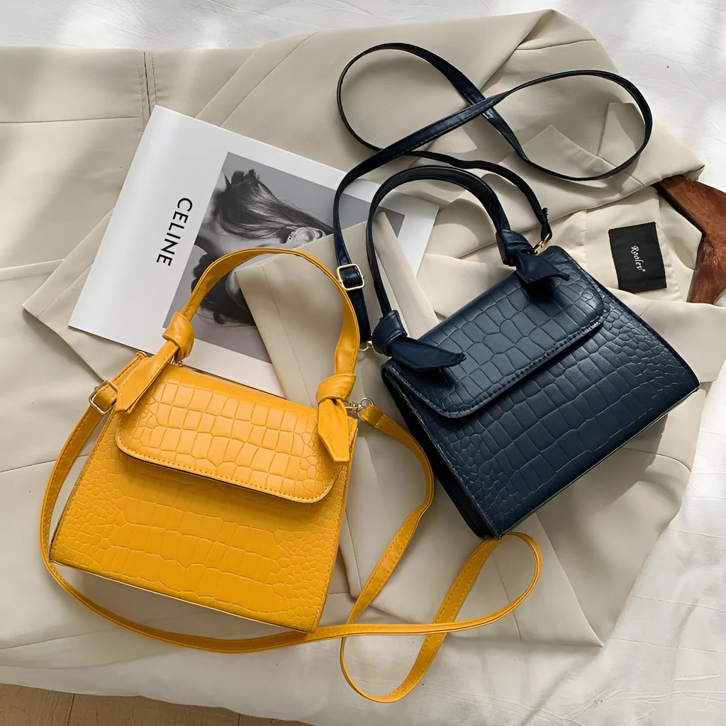 Small square retro armpit bag in PU with stone pattern, magnetic buckle, 120cm strap, Black Blue White Yellow