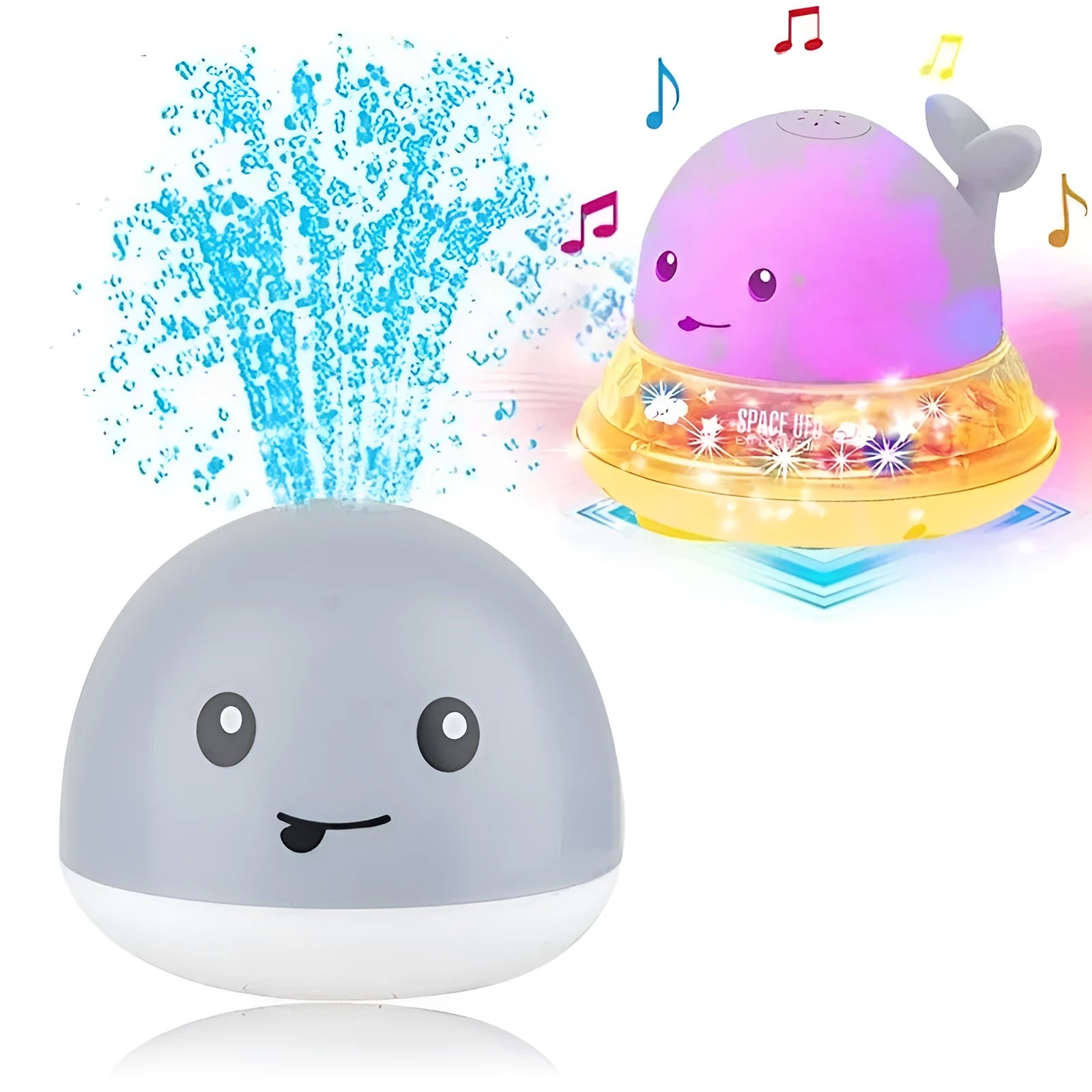 White and blue automatic whale bath toy spraying water with LED lights on, placed in a baby bath.