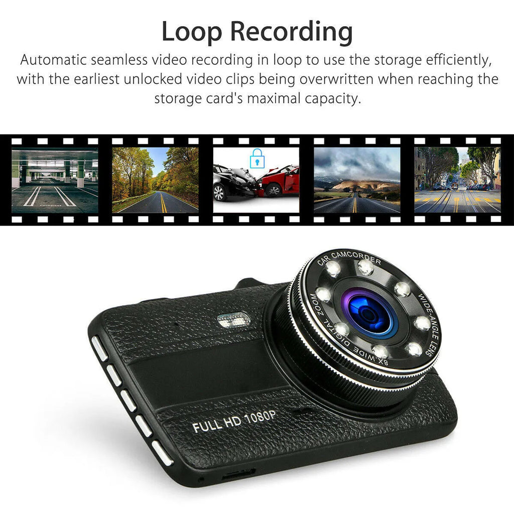 HD driving recorder with 8 night vision lights on windscreen mount showing 4.0 inch screen