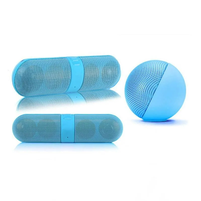 Portable blue pill-shaped Bluetooth speaker with dustproof plastic shell and button controls