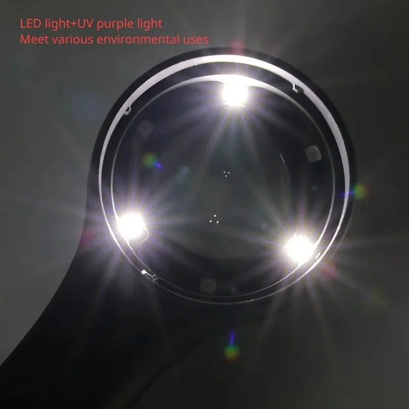 Black and silver jewellery tobacco alcohol appraisal magnifying glass with optical glass lens and USB-C cable