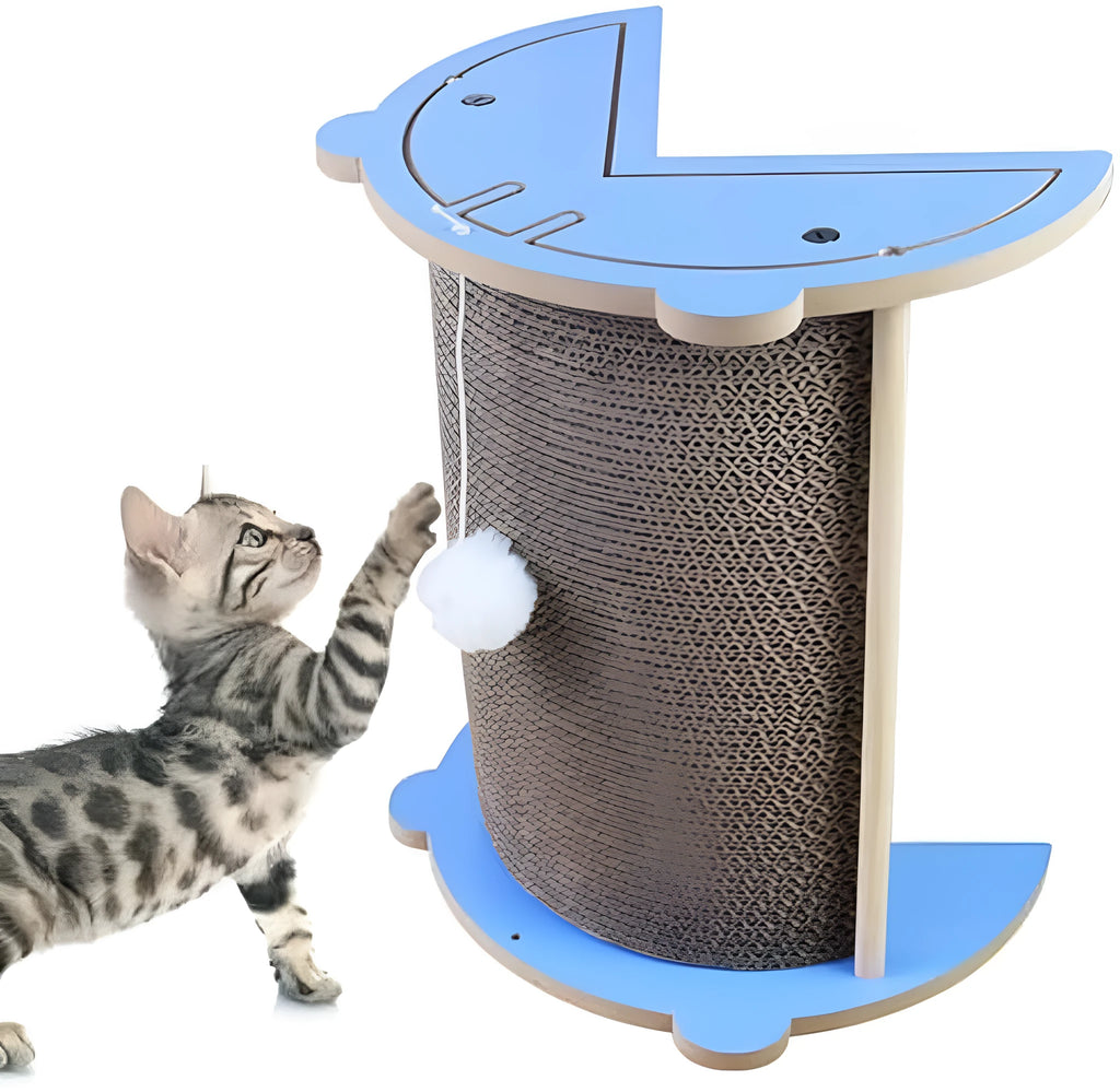 Cat corner scratching pad with hanging ball in room corner for furniture protection