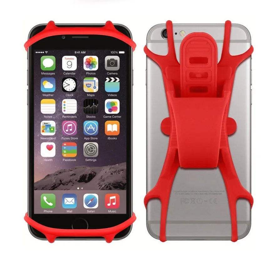 Silicone bicycle mobile phone bracket in black, mounted on handlebar, holding a smartphone vertically