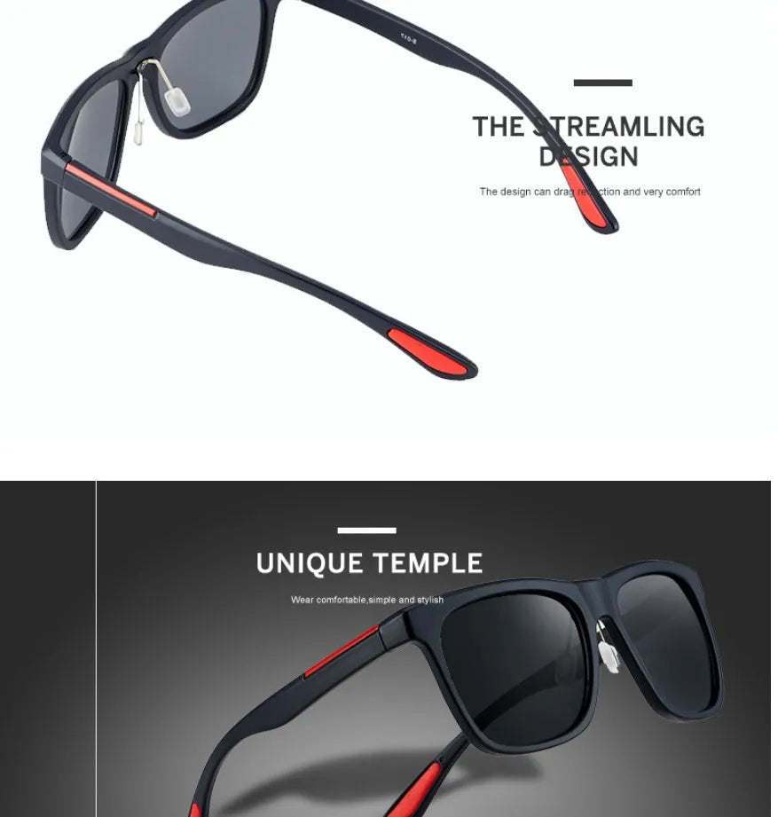 Men's square photochromic sunglasses with UV400 protection, black frame and red edge detail