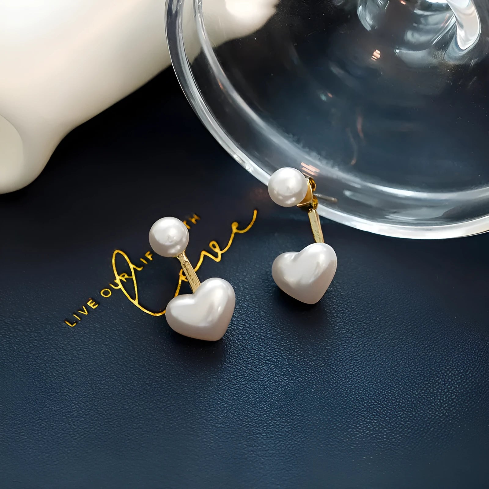 Women's heart-shaped Korean style stud earrings with artificial gemstones on electroplated alloy