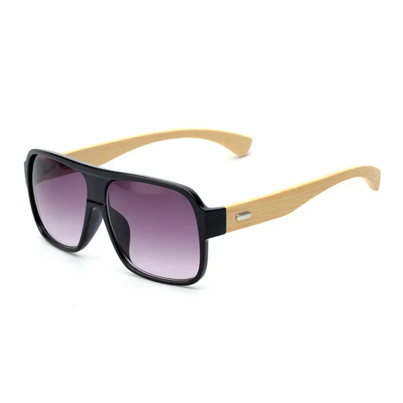 Wooden square sunglasses with brown frame and PC lenses on a flat surface