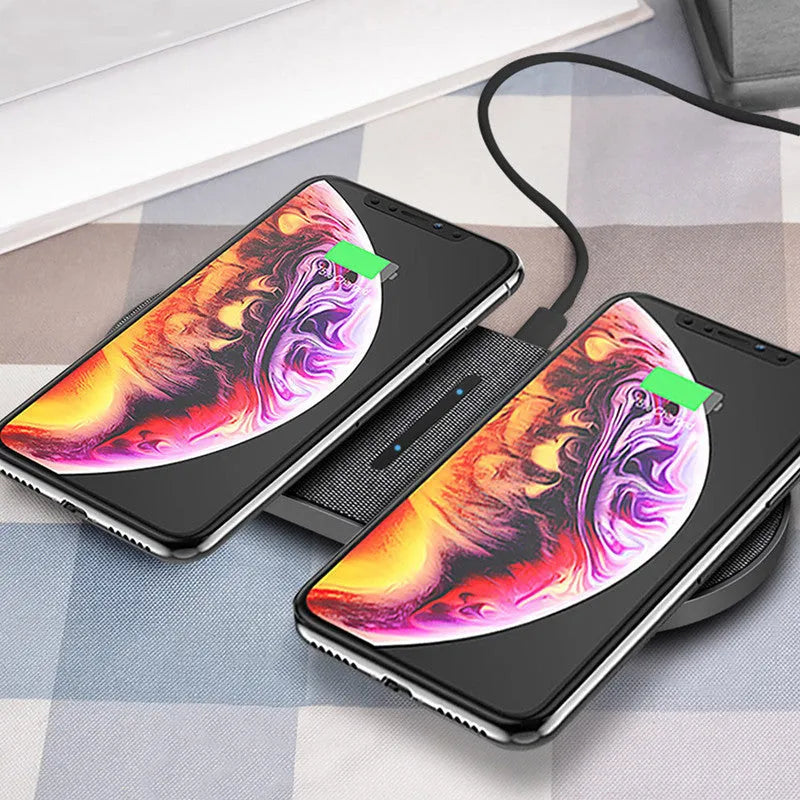 Black dual wireless charging station with two 10W charging pads showing indicator lights