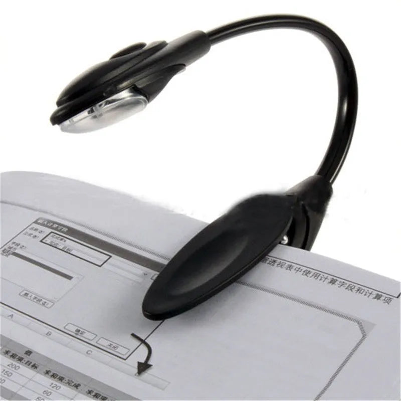 Mini clip-on LED book light with 26cm arm attached to a hardcover book