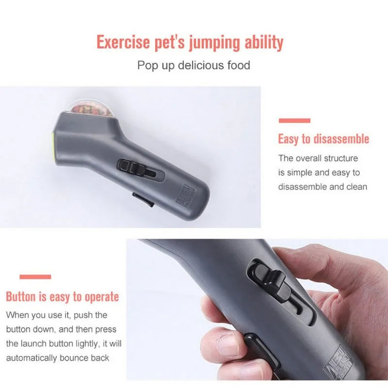 Grey pet snack catapult launcher measuring 18cm with spring trigger for 2-3 metre treat ejection