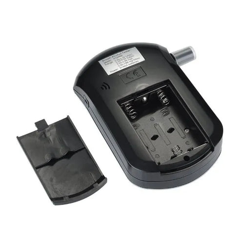 Black portable alcohol breath tester with digital LCD screen and five mouthpieces