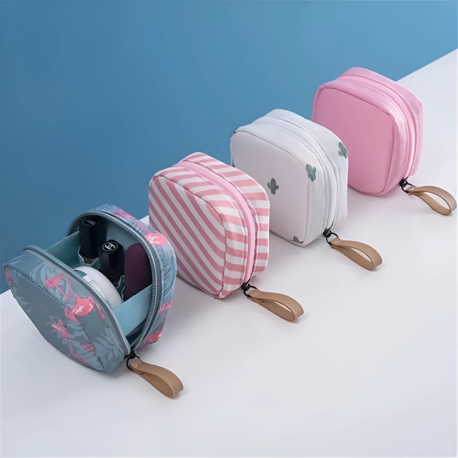 Blue cloth cube-shaped makeup storage bag with a plain pattern.