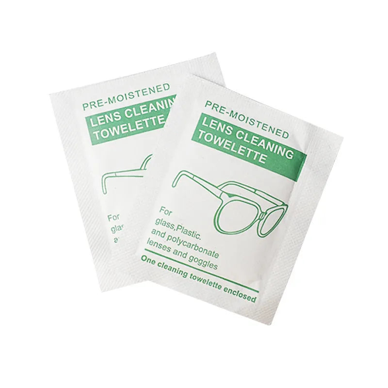 100 individually packaged white quick-drying anti-fog cleaning wipes for lenses and screens.