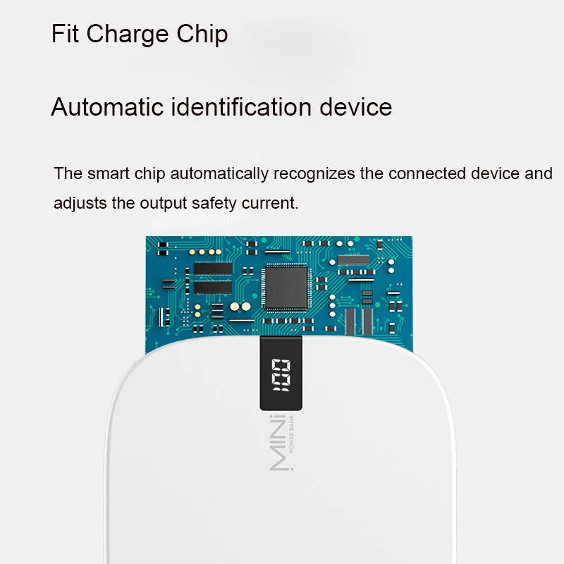 10000mAh mini power bank with LCD display, dual USB output, red white black, 90 x 64 x 24mm