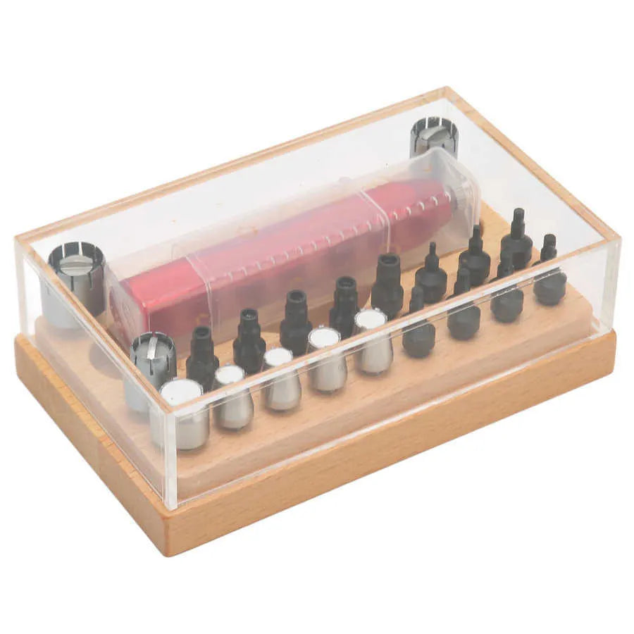 20-piece steel watch repair open tube set with barrel-opening tool in compact storage case
