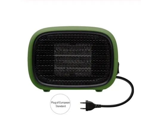 Green mini PTC ceramic heater showing compact size and metal mesh grille.