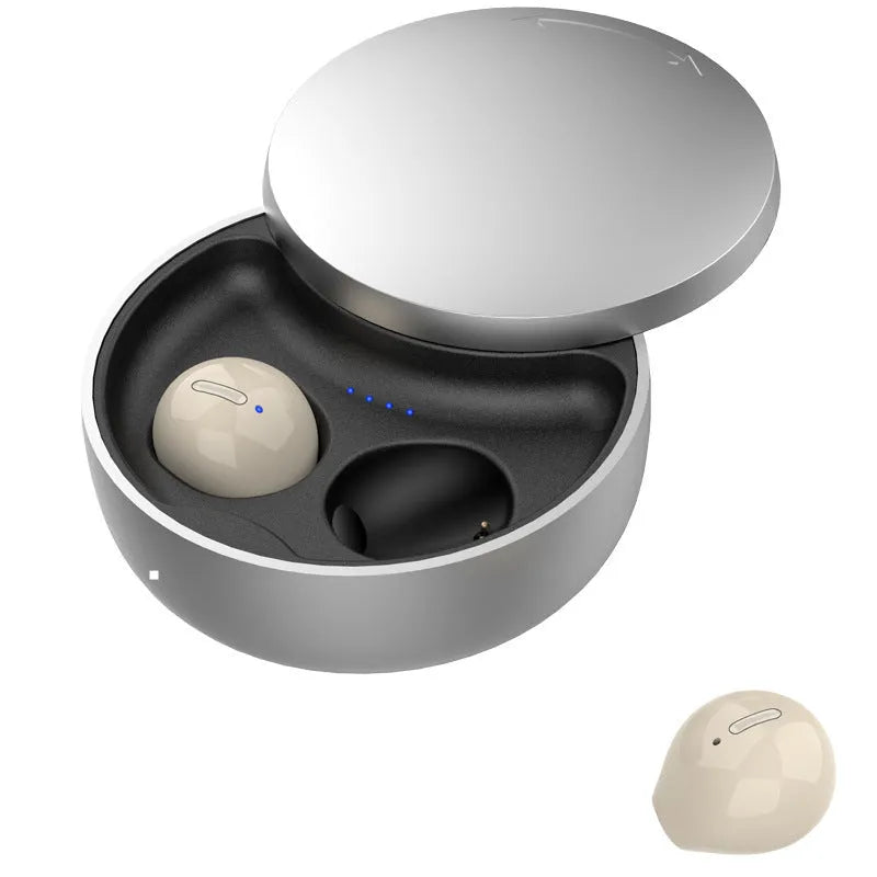 Wireless Bluetooth earbuds in semi-in-ear style with charging case, available in Black, Skin, and White colours