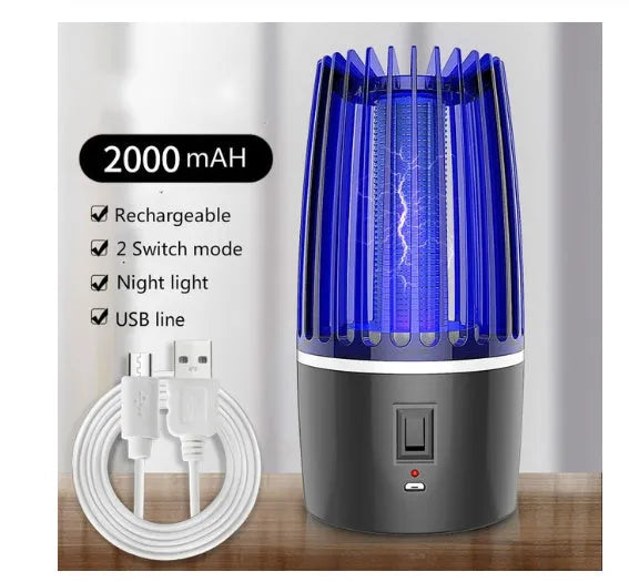 USB rechargeable mosquito killer lamp 2-in-1 with UV LED light and safety cage on white background