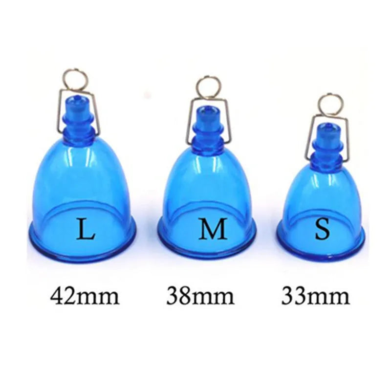Blue silicone male masturbator cup in small, medium, and large sizes