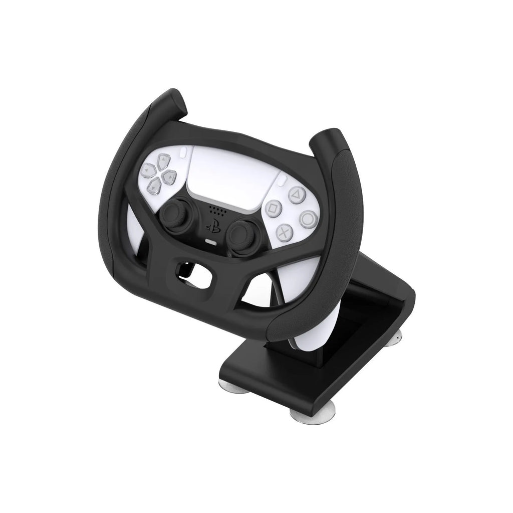 Black ABS plastic gamepad steering wheel bracket with a suction cup base for mounting a mobile phone.