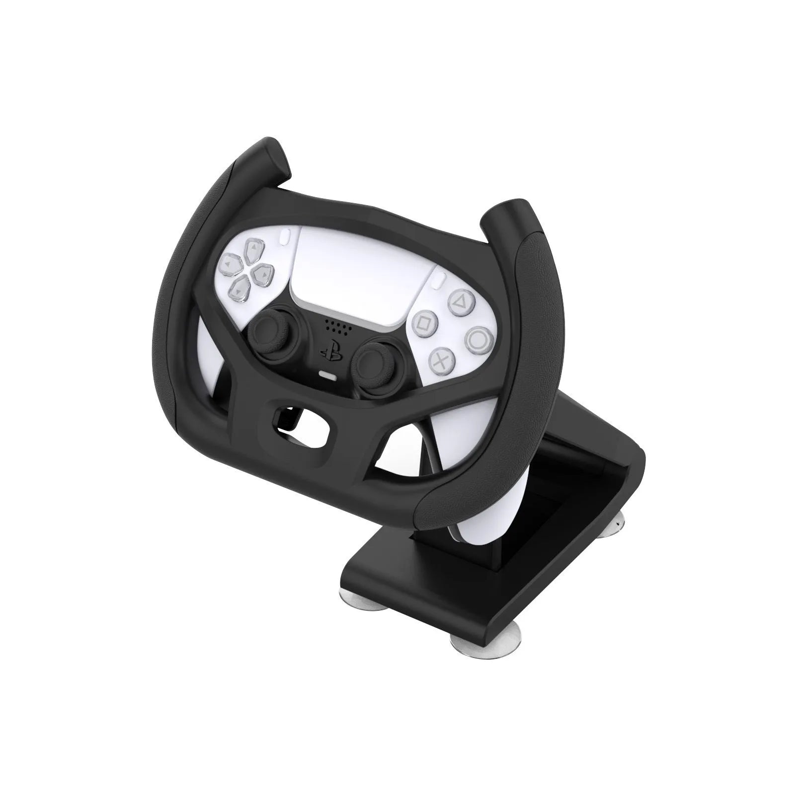 Black ABS plastic gamepad steering wheel bracket with a suction cup base for mounting a mobile phone.