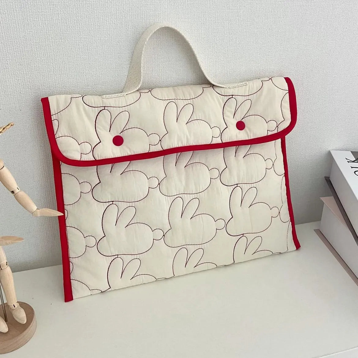 Embroidered rabbit pattern nylon tablet storage bag in black dot colour, portable size for 11 to 14 inch tablets