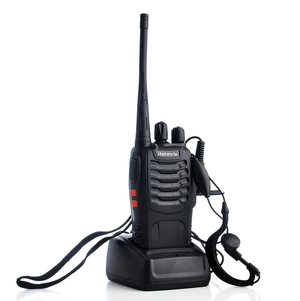 H777 black civil walkie talkie with Li-ion battery and antenna on plain background