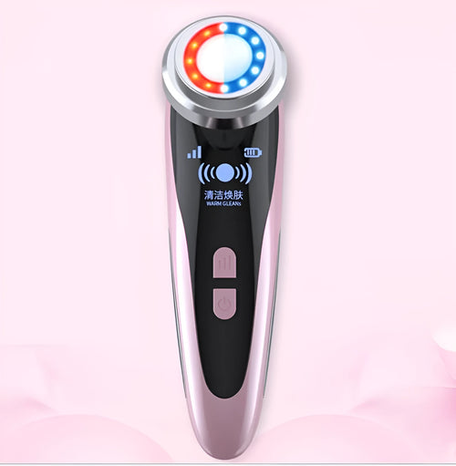 Beauty instrument cleanser in rose pink with three speed settings on white background
