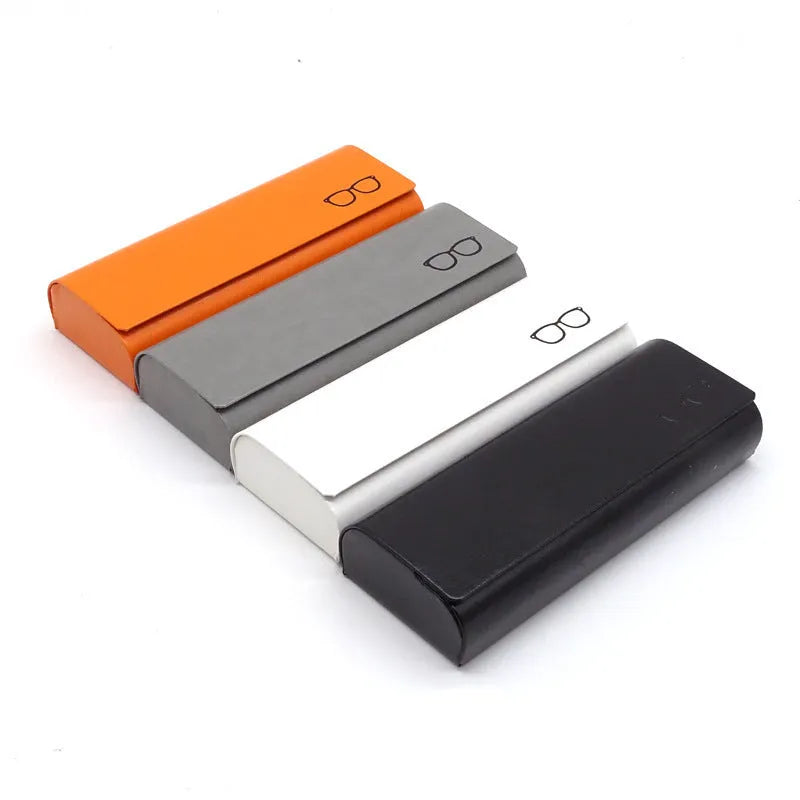 Leather glasses case in black, blue, grey, orange, white, and pink with single compartment for one pair of glasses