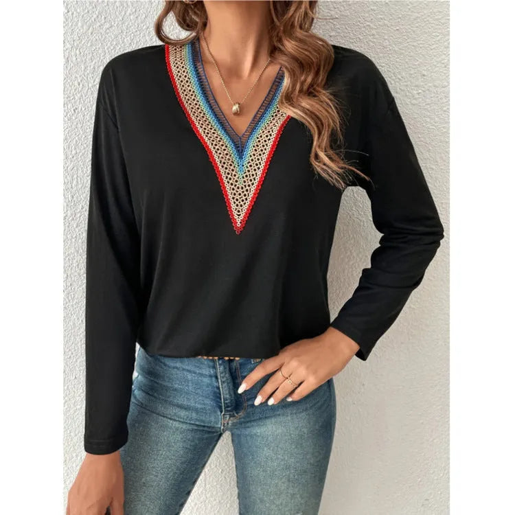 Lace spliced V-neck long sleeve top, mid-length polyester blouse in green, brick red, black or khaki