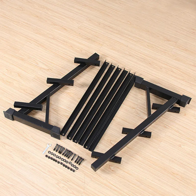 Three-layer black dumbbell rack with angled iron shelves and square tube frame
