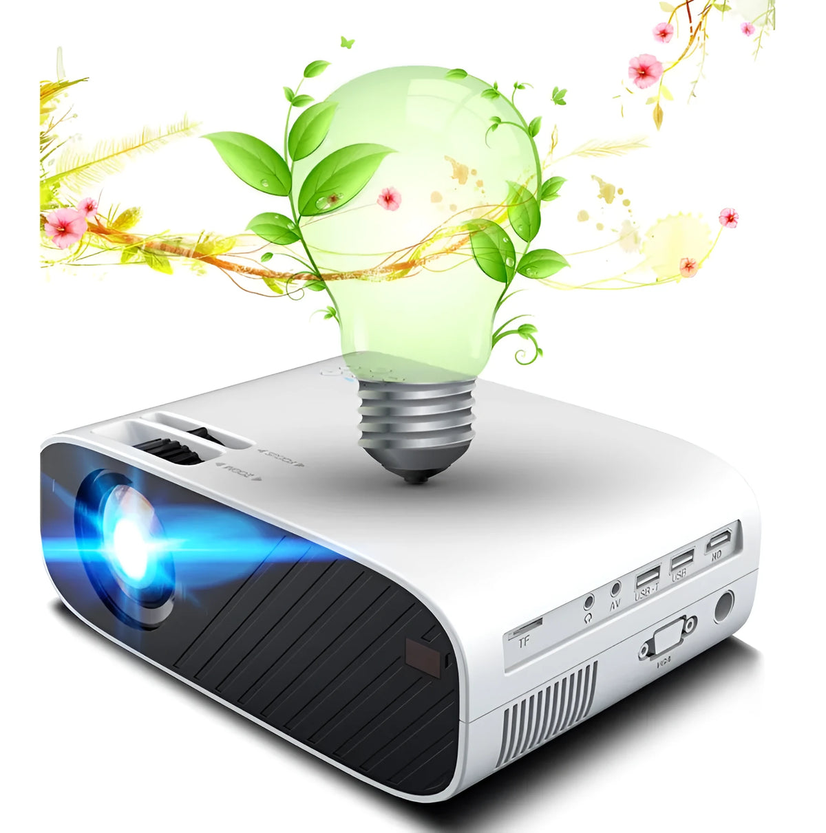 Portable LED smart projector with 18800 brightness, 1920x1080 support, 36-196 inch screen range, black or white.