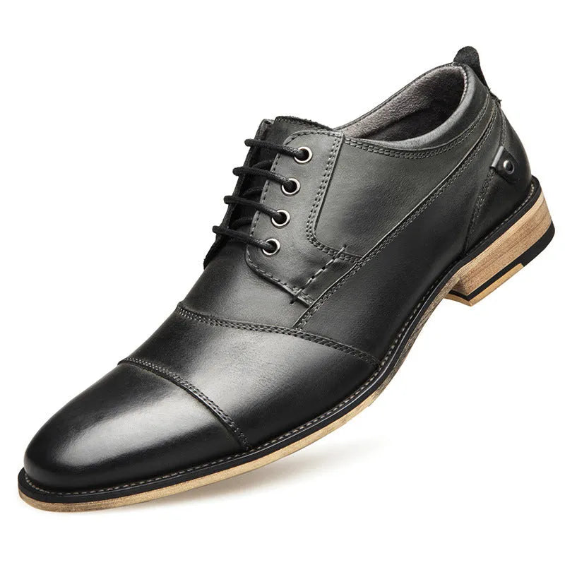 Men's leather lace-up casual shoes with cowhide upper and rubber sole in brown