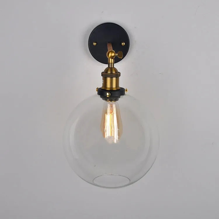 20cm retro spherical glass wall lamp with aluminium holder in transparent, amber, or smoky grey