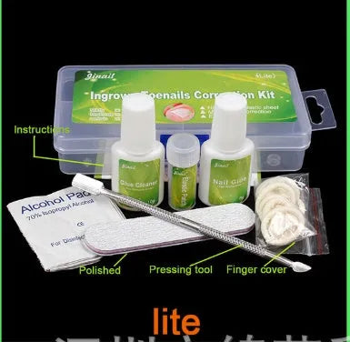 Nail patch kit with elastic posts, glue, debonding agent, alcohol wipes and pressing tools in a PP packing box