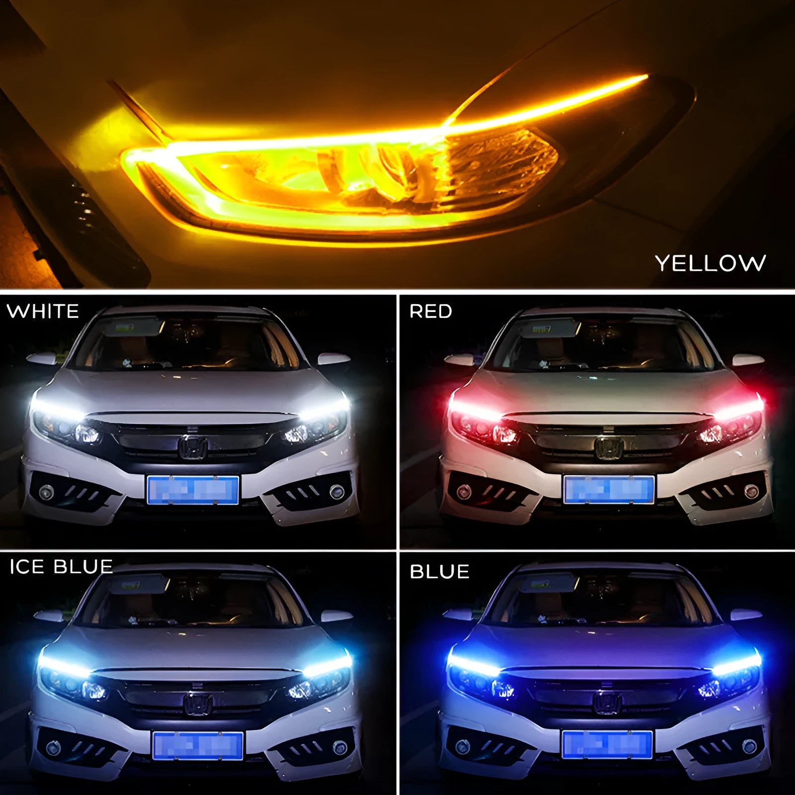 Car LED daytime running light strip with flowing turn signal effect in blue to yellow colour.