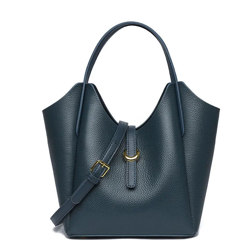 Genuine leather women's hand holding bucket bag in retro style with file bag interior