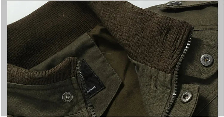 Men's khaki cotton military pilot bomber jacket with badge and side pockets