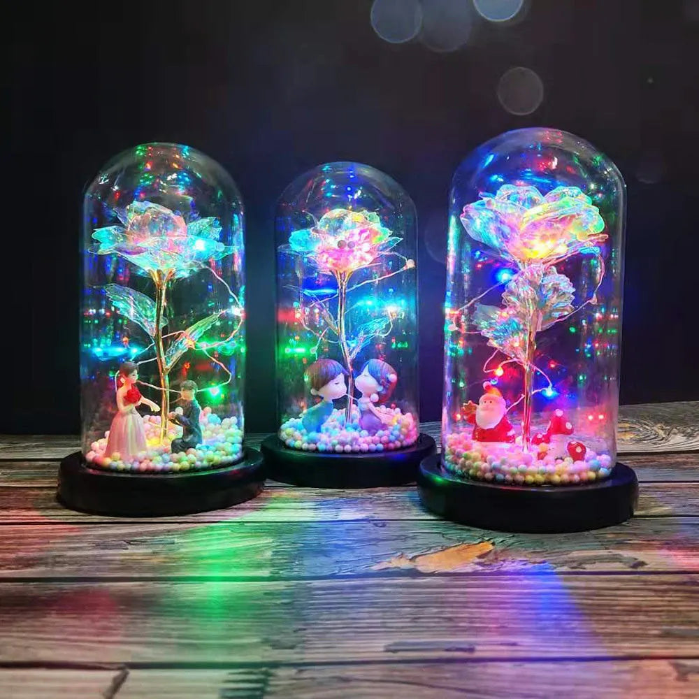 Glass dome eternal rose ornament with LED lights and gold flower for wedding or home decoration