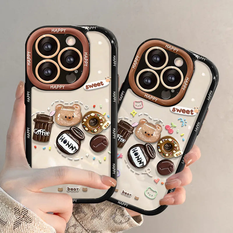 Coffee bear 3D doll pendant silicone phone case in cream black for Apple iPhone