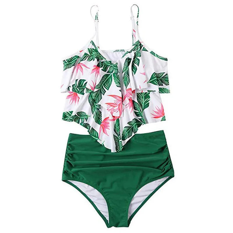 Ruffled bikini swimsuit in rose red with polyester fabric, size S to XL available