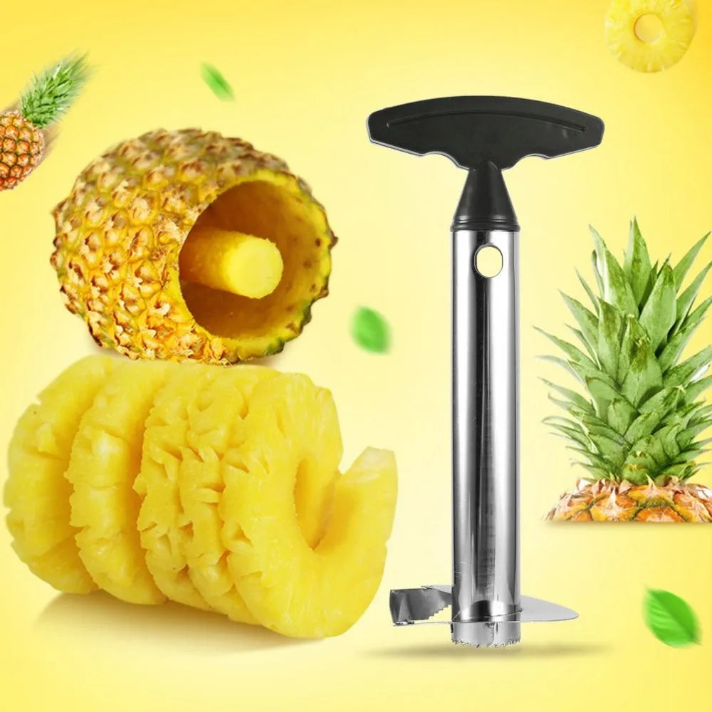 Stainless steel pineapple peeler with ergonomic handle and sawtooth blade on a countertop