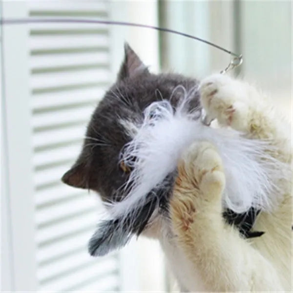 Funny cat stick with 14cm wooden handle, 66cm flexible rod, 80cm total length, fur head, feather and bell