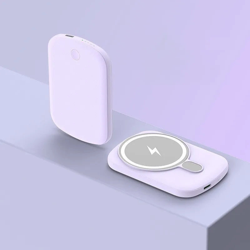 Magsafe magnetic wireless power bank in black, purple, pink, or white colour with creative design.