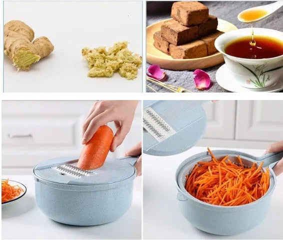 8 in 1 mandoline slicer set with stainless steel blades, drain basket, container and hand protector, 29.5 cm x 12.0 cm x 9.5 cm