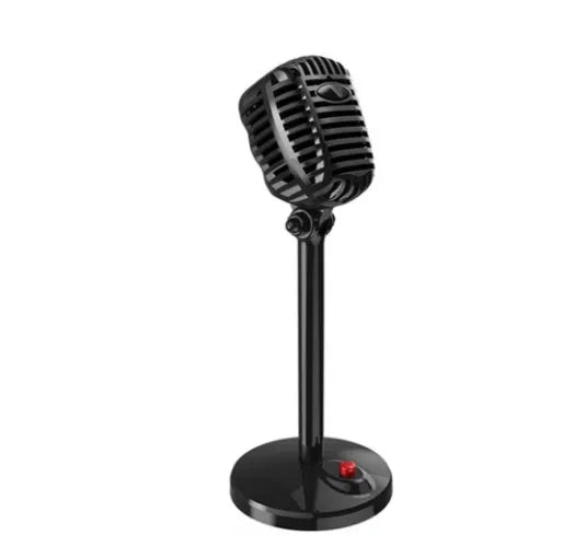 Black USB condenser microphone on an adjustable stand for computer recording and podcasting.